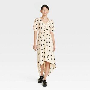 Vintage-Style Crepe Short Sleeve Midi Dress, Beige Polka Dot - A Ne…